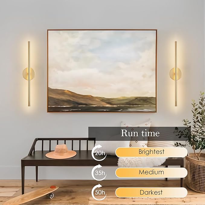 Battery Operated Wall Sconces, Dimmable Wall Sconces Set of Two, 350°Rotate, 3000K LED Gold Wireless Wall Light for Living Room, Bedroom, Hallway, 20.4 Inch (2 Pack)
