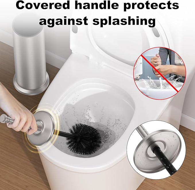 Stain Nickel Toilet Brush and Holder，Extra Long Handled Toilet Brush for Bathroom，Stainless Steel Heavy Duty Toilet Bowl Brush,Removable Inner Bowl,Deep Cleaning Dense Bristles Brush