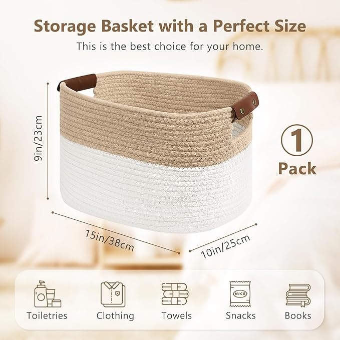 Cotton Rope Storage Baskets, 15x10x9 in, Rectangular, White/Beige-1Pack, Modern, Easy To Use, Foldable, Laundry, Storage, Decoration