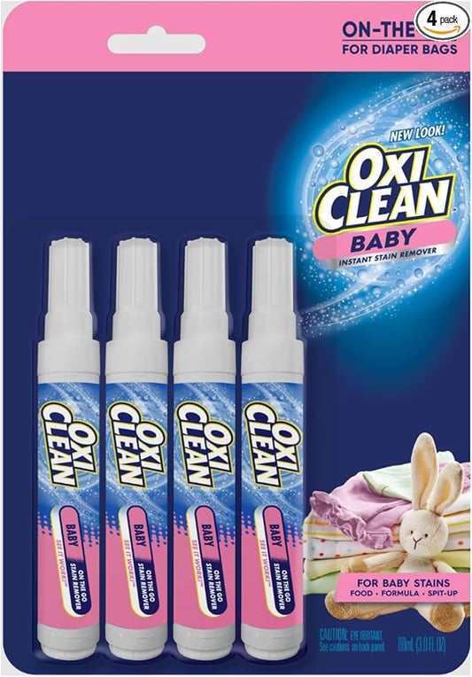 OxiClean Baby On-The-Go Stain Remover Pen, Instant Baby Clothes Stain Cleaner for Food Formula Spit-Up, Gentle Travel Size Laundry Stain Stick, Fragrance Free, 4 Pack, 22 mL Each