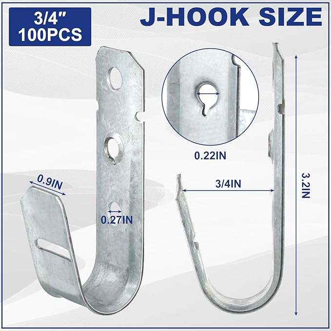 Gisafai 100 Pcs Cable Support J-Hook, 3/4 Inch Metal Garage Hooks for Hanging, Heavy Duty Network for Cable and Wire Management Wall Attaching J Utility, G60 Galvanized Steel, Silver