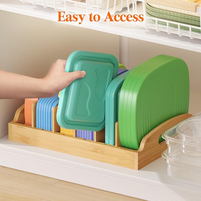 Lifewit Bamboo Lid Organizers for Inside Cabinet, Food Storage Container Lid Holder with 5 adjustable Inserts & 6 Compartments, Lid Storage for Kitchen Pantry Organization, 13.2" x 10"/34 x 25cm