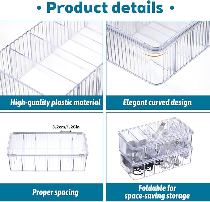 4 Pcs Cord Organizer Box, 8 x 4 x 2 Inch Small Clear Plastic Cable Organizer Box with Lid 6 Compartments Cord Boxs for Home, Office, Desktop Organization