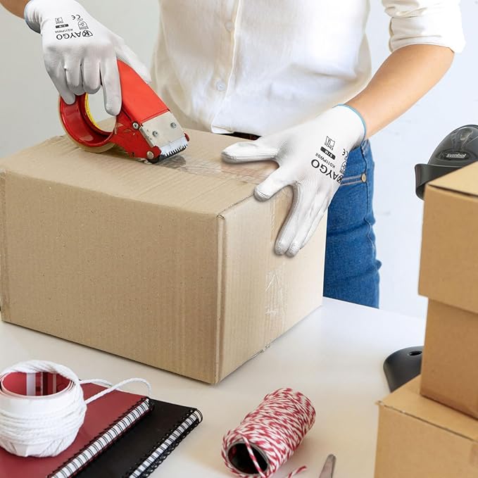 KAYGO Work Gloves for Men and Women, 12 Pairs Seamless Knit PU Coated Safety Gloves, with Smooth Grip on Palm and Fingers, Ideal for Light Warehouse, Manufacturing, Gardening, KG11P (L, White)