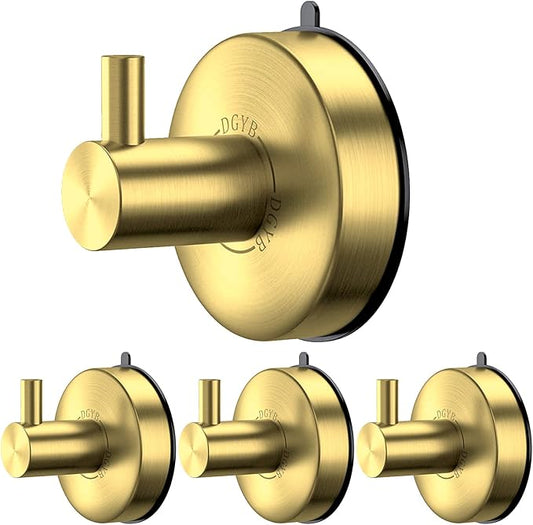 DGYB Suction Cup Hooks for Shower Set of 4 Gold Towel Hooks for Bathrooms SUS 304 Stainless Steel Shower Hooks for Loofah 15 Lb Bathroom Hooks for Towels