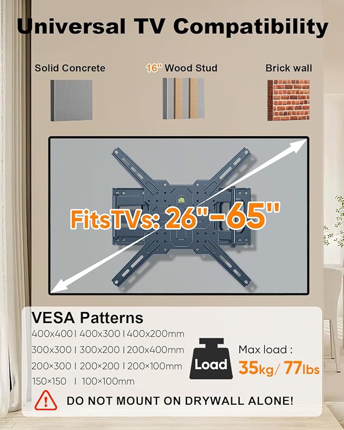 FORGING MOUNT Corner TV Mount with 25.6" Long Arm,Landscape to Portrait Full Motion TV Wall Mount Swivel Tilt Heavy Duty Wall Mount Bracket for 26-65“ Screens,Load 77lbs,VESA 400x400mm,Fit 16" Stud