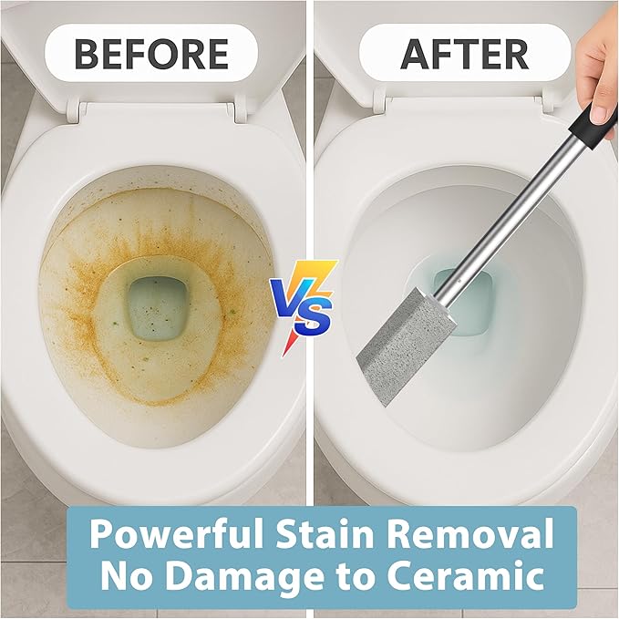 Toilet Bowl Cleaner Brush and Holder Set, Pumice Stone with Handle for Cleaning, 16.14 Inch Hard Water Stain Remover with 2 Different Types of Scrubbing Brushes, Wall Mounted Scouring Stick Household