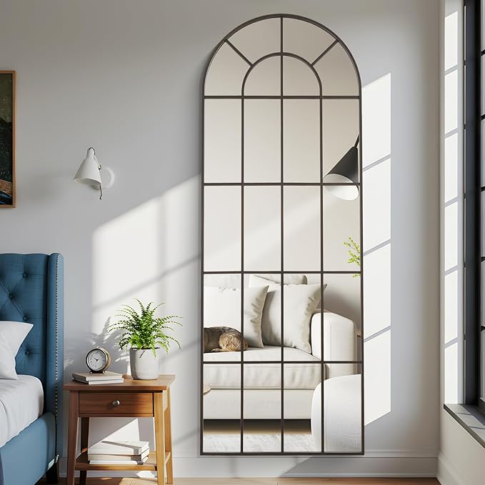 Arched Windowpane Mirror Full Length 71"x30" Wall Mounted Bronze Art Pane Farmhouse Decorative Floor Mirror Leaning Hanging Wall Mirror for Bedroom Living Room Entrance