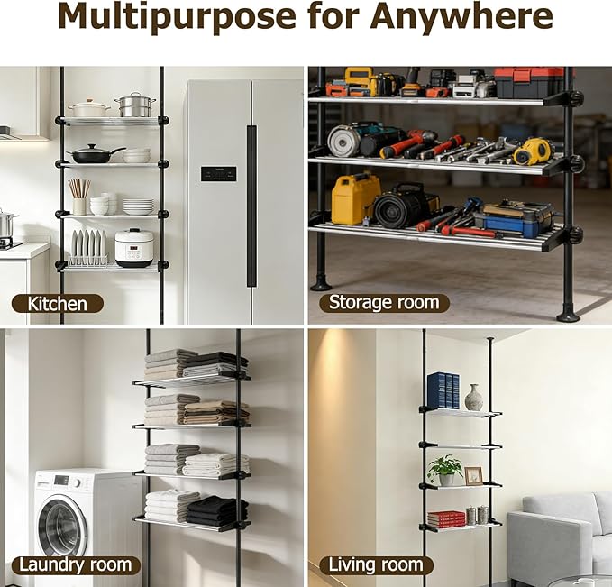4 Tier Over The Toilet Storage 97-116” Over Toilet Bathroom Organizer with Adjustable Shelf Slim Behind Toilet Shelf for Toilet Paper Towel Plants (Black)
