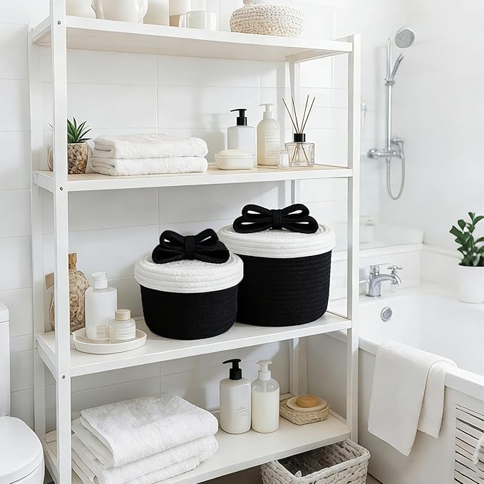 Small Decorative Baskets with Lids, Woven Rope Storage Basket with Lid for Home Decor; Small Boho Storage Basket, Bin and Box for Living Room, Bathroom, Bedroom or Shelf (black)