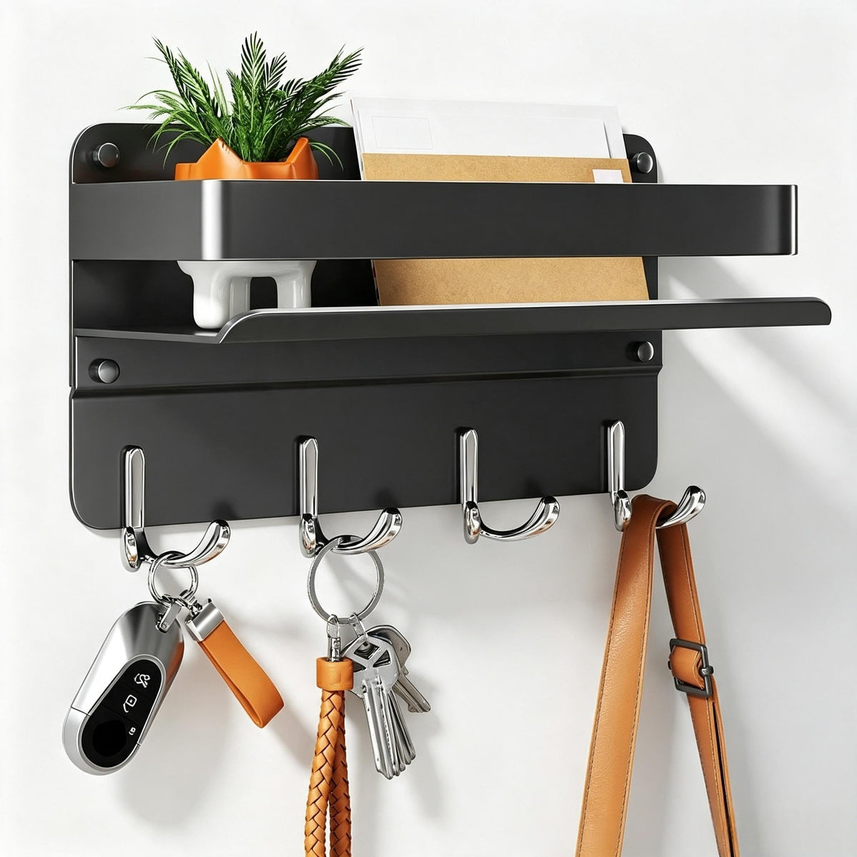 Modern Key Holder Wall Mount with Shelf, Metal Mail Holder - Image 1