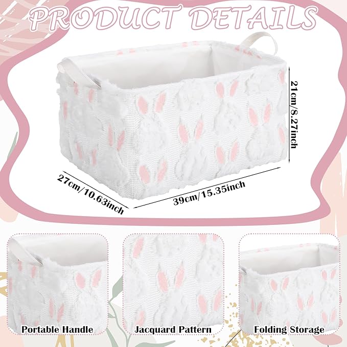 Kathfly 3 Pcs Easter Storage Bin Jacquard Design Bunny Basket Box with Handle Large Storage Baskets Foldable Rabbit Box for Easter Party Decoration