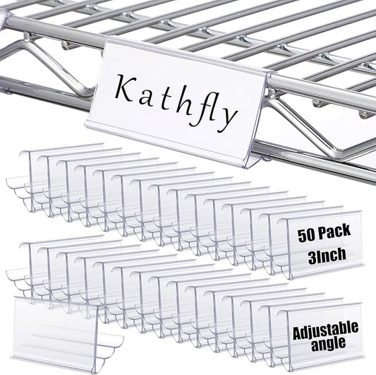 Kathfly 50 Pack Wire Shelf Label Holders Shelf Cable Tags for Wire Shelving 3 Viewing Angles 3" Adjustable Clear Plastic Rack Label Holder Retail Clips Compatible with 1-1/4in Metro Shelving