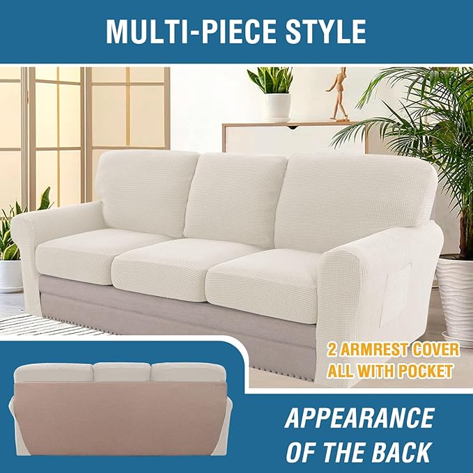 H.VERSAILTEX Multi-Pieces Sofa Covers Stretch Couch Covers Form Fitted Seats and Back Cushions Covers (3 Seat Covers Plus 3 Back Cusion Covers, Bonus 2 Armrest Covers), Ivory