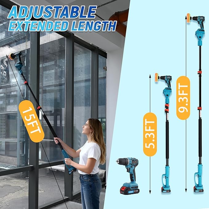 Cordless Telescoping Cleaning Tools&Power Drill with 2-Max 20V Batteries and 2.0A Charger 2-in-1 Cordless Pole Drill 5.3 to 15-Feet with 180° Telescoping Pole Include 7Pcs Drill Brushes
