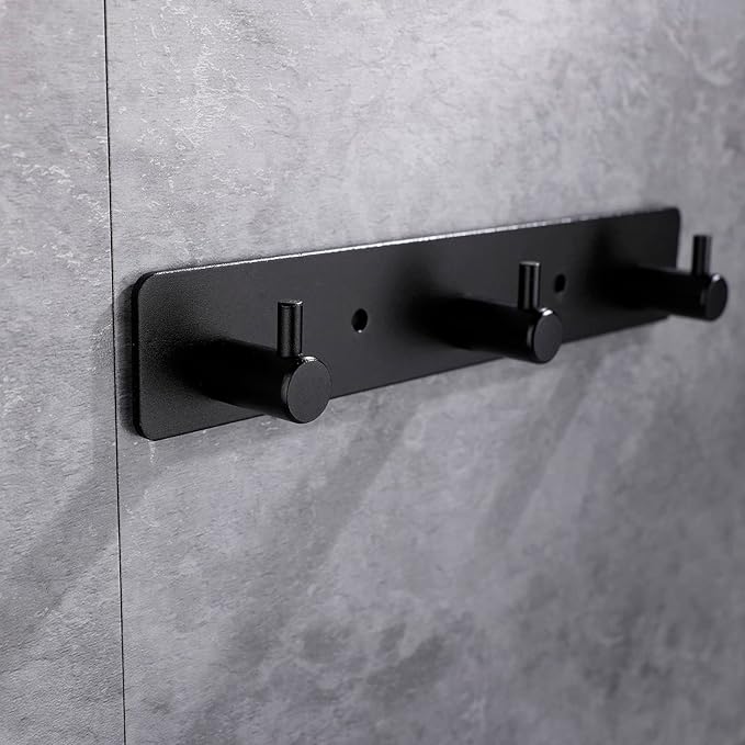 Adhesive Bathroom Black Hook Rail, 3 Matte Black Wall Key Hooks Rack Hanger Towel Robe Stick Door Hooks for Bathroom Toilet Entryway Hallway Kitchen Wall Mounted