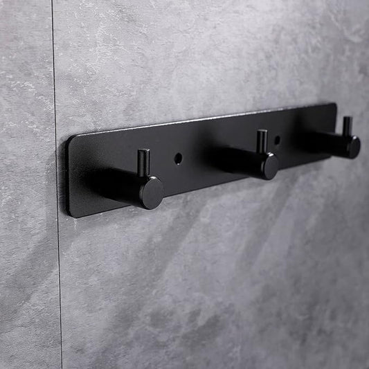 Adhesive Bathroom Black Hook Rail, 3 Matte Black Wall Key Hooks Rack Hanger Towel Robe Stick Door Hooks for Bathroom Toilet Entryway Hallway Kitchen Wall Mounted