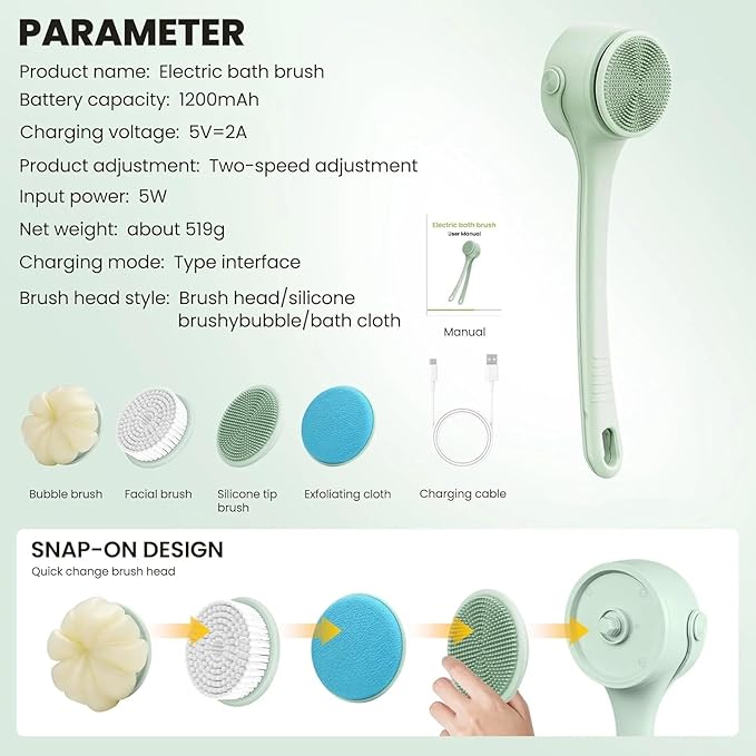 Rechargeable Electric Body & Back Scrubber Brush – Waterproof Spinning Bath Brush with Dual Long Handles & 5 Replaceable Heads for Deep Cleansing, Exfoliating & Massage