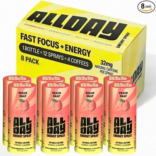 Caffeine Spray, Promotes Focus and Energy (Peach Snap, 8 Bottles, 96 Sprays) | 32mg Natural Caffeine per Spray | Pocket-Size Energy Shot/Drink - Formulated with L-Theanine, Vitamin B12, & Vitamin D