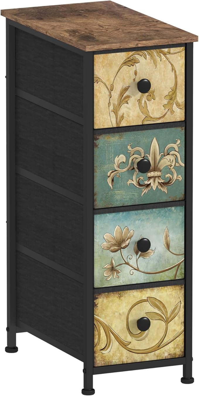 Tohomeor Narrow Storage Dresser Slim Dresser with Retro Flowers Fabric Drawers Vertical Skinny Cabinet for Small Spaces,Bathroom,Bedroom Closet Nightstand,Entryway Organizer (Retro Flower, 4 Drawers)