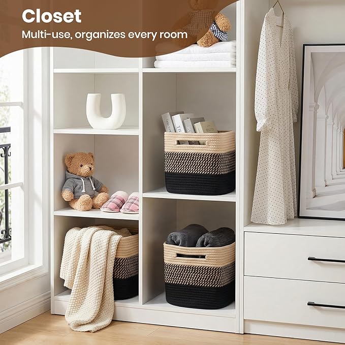 Storage Baskets for Organizing, 14 x 10 x 9” Closet Shelf Woven Baskets, Square Bins with Handles, Cotton Rope Basket for Toys, Clothes, Office, Room, Black+Brown 4 Pack