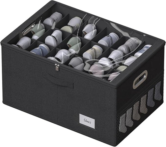 Shoe Organizer for Closet, Shoe Box Storage Containers Fit 18 Pairs Foldable Shoe Storage Bins with Clear Cover & Adjustable Dividers for Shoes Blankets Linen Clothing (Black, (24.4*16.5*12.9)x1)