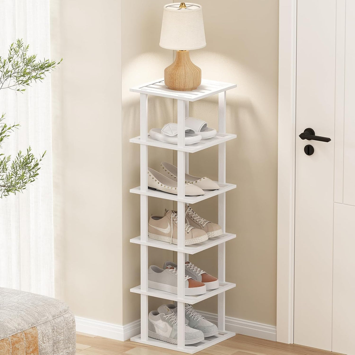 Vertical Bamboo Shoe Rack, Tall Narrow Shoe Storage Organizer - Image 1