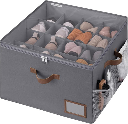 StorageWorks Shoe Organizer for Closet, Fabric Shoe Storage Boxes for Slippers and Sandals, Stackable Shoe Bins for Closet with Side Mesh Pockets, Holds Up to 16 Pairs, Grey
