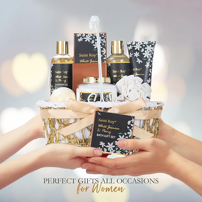 11 Pcs Spa Day Gifts for Women, White Jasmine & Peony Spa Gift Basket Set, Self-Care Relaxation Kit, Nail Clippers Set, Bath & Body Care Set, Bomb, Birthday, Mother's Day, Christmas, Anniversary