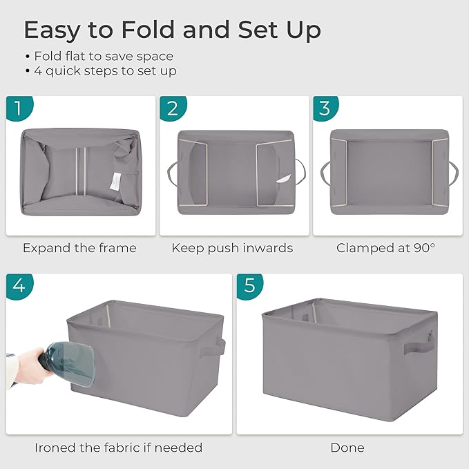 Storage Basket Bins with Metal Frame, Large Collapsible Fabric Storage Baskets for Organizing Shelf, Basket Organizer W/Handles for Towels, Laundry, Office, Home, 7-Pack, Grey