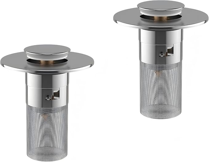 Click Clack Bathroom Sink Drain Stopper with 304 Stainless Steel Filter Basket, Detachable Design, Brass Bounce Setting, Fits Inner Diameters 1.10-1.25 in (28-32mm) (2PCS)