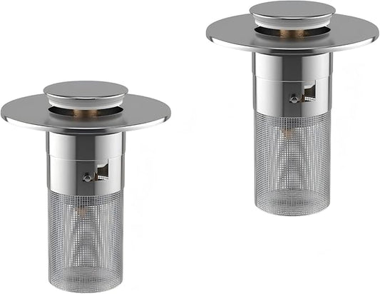 Click Clack Bathroom Sink Drain Stopper with 304 Stainless Steel Filter Basket, Detachable Design, Brass Bounce Setting, Fits Inner Diameters 1.10-1.25 in (28-32mm) (2PCS)