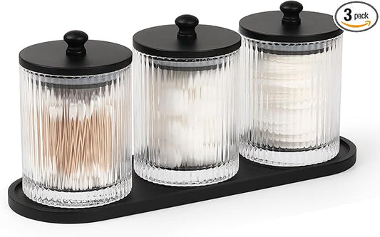 3 Pack Qtip Holder - Bathroom Organizers and Storage, Cotton Round Holder Floss Pick Cotton Ball Swab Holder with Tray, Glass Apothecary Jars with Lids Container Set -sw clear b