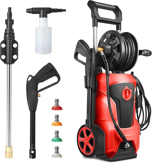 DNA Motoring TOOLS-00229 Up to 2176 PSI Pressure 2.4 GPM Max Flow Electric Pressure Washer for Yard and Car Cleaning with Spray Nozzle Foam Bottle + 4 Turbo Nozzles IPX5 Driveway Patio Deck(Red)