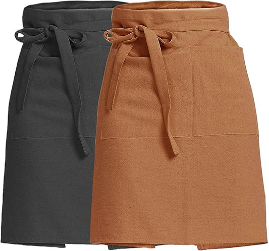 Cityelf Linen Server Apron Cotton Bistro Half Apron with Large Pockets Waist Kitchen Apron for Cooking Waitress
