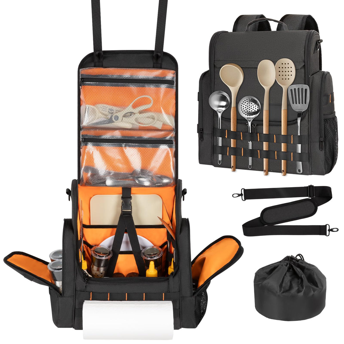 Large Camp Kitchen Organizer with Paper Towel Holder, Black - Image 1
