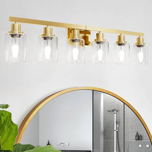 6 Light Gold Bathroom Vanity Light,Bathroom Light Fixtures, 38" Modern Brushed Gold Vanity Lighting Fixtures for Bathroom Over Mirror, Gold Sconces Wall Lighting for Bedroom