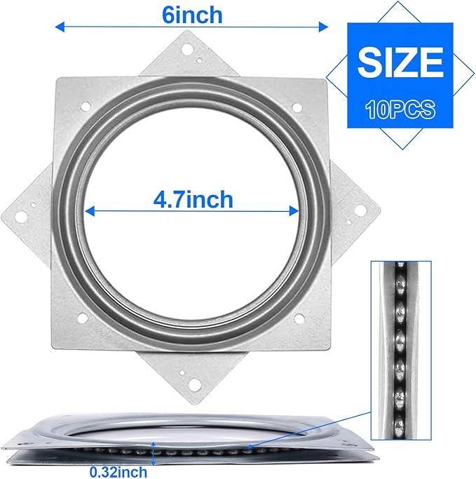 10 Pack Square Rotating Plate 500 lbs Capacity 6 Inch Lazy Susan Turntable Hardware Square Plate Bearings Swivel Plates for Serving Trays, 360° Chair, Cabinet, Craft Project