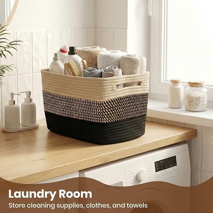 Storage Baskets for Organizing, 14 x 10 x 9” Closet Shelf Woven Baskets, Square Bins with Handles, Cotton Rope Basket for Toys, Clothes, Office, Room, Black+Brown 4 Pack