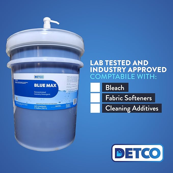 Blue Max Industrial-Strength Laundry Detergent Concentrate - Safely Clean 256 Loads Per Gallon, 1/2 Ounce Per Load, Heavy Duty Concentrated Commercial Formula, 5 Liquid Gallon Bucket, Pack of 1