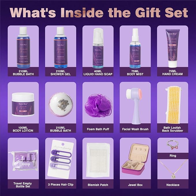 22 Pcs Lavender Bath and Body Gift Basket, Spa Gifts for Women Bath and Body Lavender Gift Set, Spa Kit Relaxing Bath Sets, Self-Care Set, Necklace, Birthday, Christmas, Mother Day, Anniversary