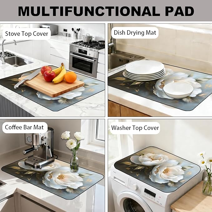 Glass Stove Top Covers for Electric Stove, Heat Resistant Counter Protector Mat, Non Slip Waterproof Surface Cover for Kitchen Counter and Cooktop (White Peony, 28"L x 20"W)