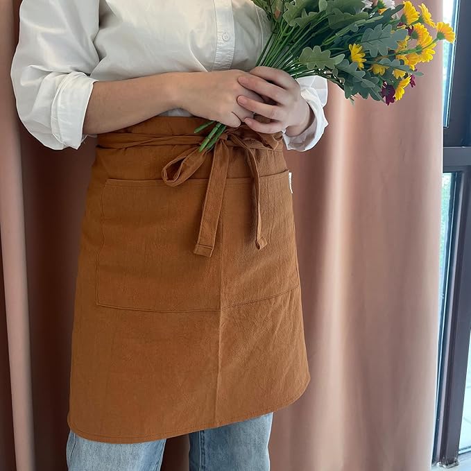 Cityelf Linen Server Apron Cotton Bistro Half Apron with Large Pockets Waist Kitchen Apron for Cooking Waitress
