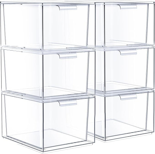 Sorbus Stackable Acrylic Drawers - Clear Make Up Organizers for Vanity - 6 Plastic Storage Bins for Room Decor, Bathroom Organization and Storage, Office Supplies, Makeup Drawer Organizer, Undersink