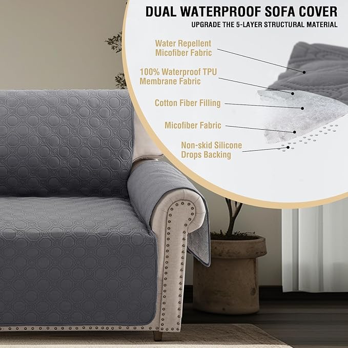 PrinceDeco 100% Waterproof Couch Covers for 3 Cushion Couch Sofa Modern Sofa Slipcovers with Elastic Straps Thick Soft Furniture Protector Pet Friendly, Grey