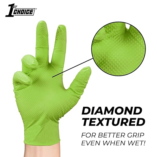 1st Choice 6 mil Green Gloves, Disposable, Latex Free, Raised Diamond Grip, Mechanic Glove for Men, XLarge, 2 Boxes of 100