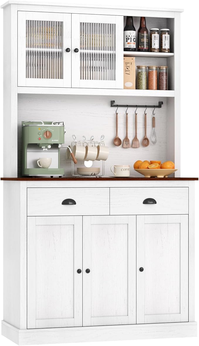 GarveeHome Kitchen Pantry Storage Cabinet, 71 in Tall Wood Pantry with Microwave Stand, Modern Kitchen Hutch Cabinet, Coffee Bar Hutch with Wine Rack for Dining Room, Living Room, White