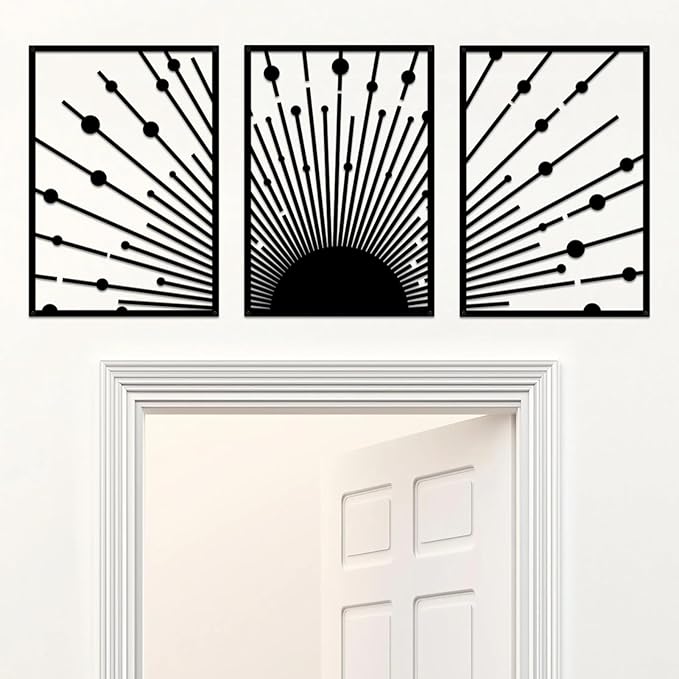 ruelen Metal Sun Wall Decor - Large Minimalist Sun Line Art Sculpture for Modern Home & Outdoor Decor, Set of 3 (40x28cm) - Nautical Black Sunshine Design