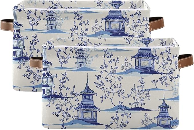 susiyo Large Closet Storage Bin Pagodas Chinoiserie Fabric Storage Baskets Collapsible Decorative Baskets Organizing Basket Bin with PU Handles for Shelves Home Closet Bedroom Living Room-2Pack