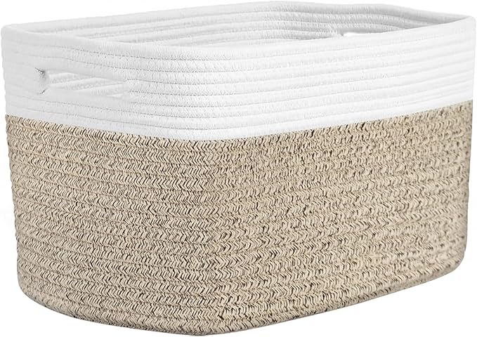 Storage Baskets for Organizing, 14 x 10 x 9” Closet Shelf Woven Baskets, Square Bins with Handles, Cotton Rope Basket for Toys, Clothes, Office, Room, White+Rice Brown 1 Pack